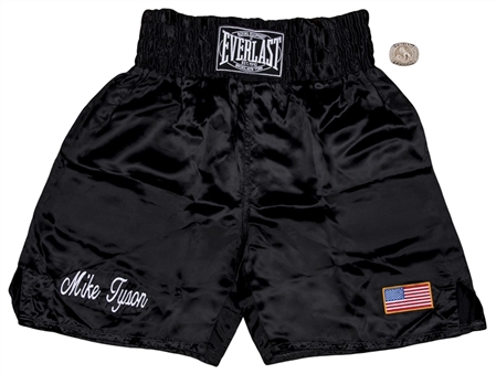 1990s Mike Tyson "Team Tyson" Heavyweight Boxing Championship Ring and Fight Worn Training Trunks